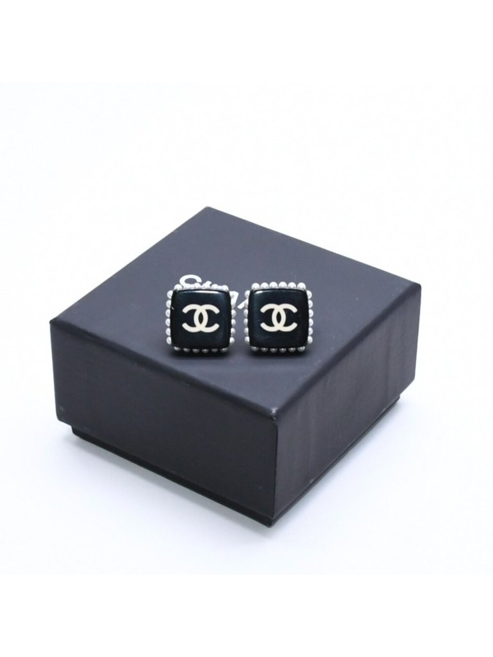 Chanel CC Logo Square Earrings Weight Faux Pearl Black Resin